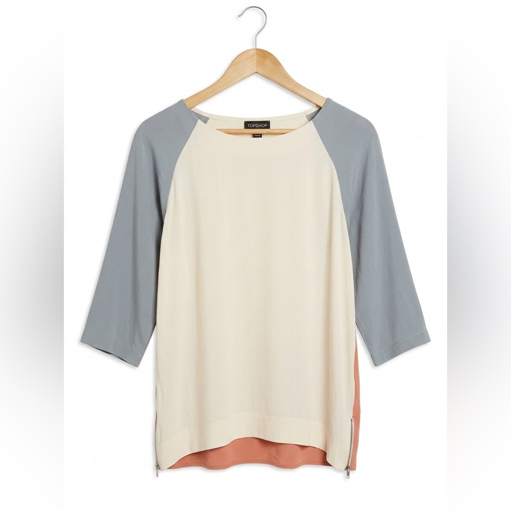 TOPSHOP Colorblock Raglan Top 8 Side Zip 3/4 Sleeve Viscose Blouse Retro Sport